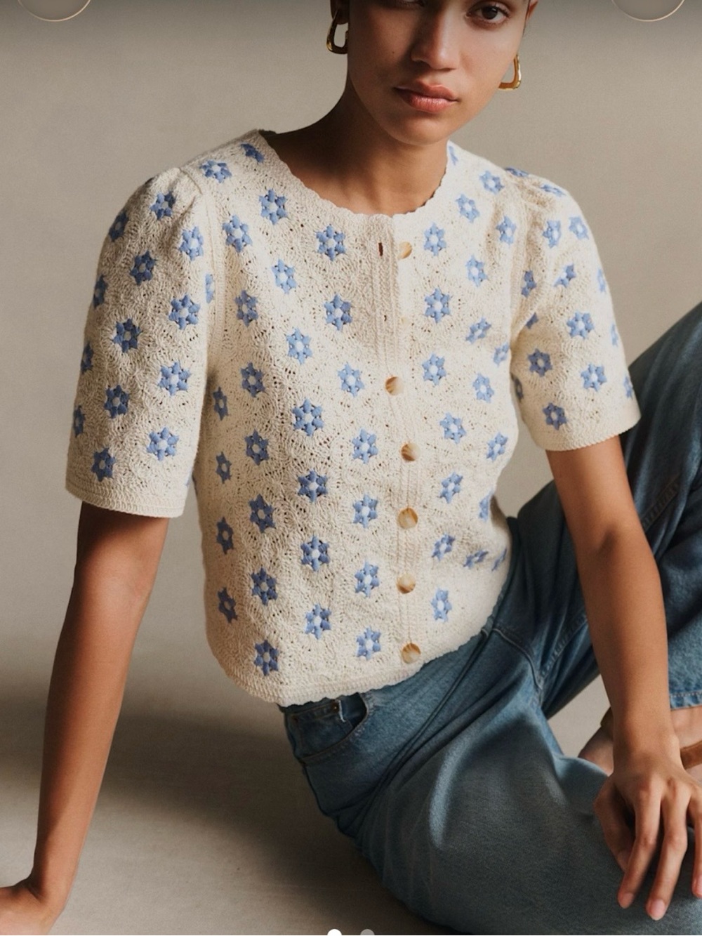 Sézane Lorna Knit Button-Front Top with Embroidered Blue Floral Motifs